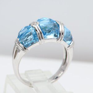 14k Blue Topaz Cocktail Rink real White Gold Blue Topaz Band jewelry